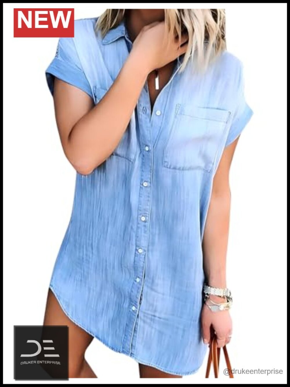 Women's Tencel Denim Button Down Shirt Dress Cap Sleeve Mini Casual